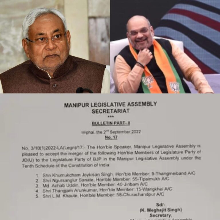 सियासत : मणिपुर में जेडीयू के 5 विधायक भाजपा (BJP) में हुए शामिल, सीएम नीतीश कुमार को फिर दिया झटका