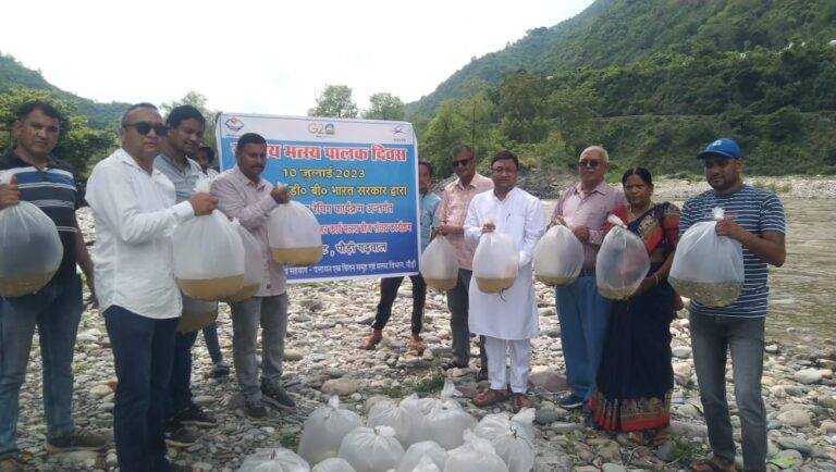 राष्ट्रीय मत्स्य पालक दिवस पर द्वारीखाल ब्लाक प्रमुख महेन्द्र राणा (Mahendra Rana) ने नयार नदी बांघाट में मत्स्य बीजों व मछली के छोटे बच्चों को किया प्रवाहित