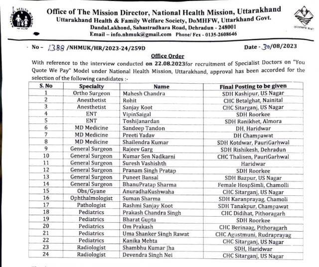 धामी सरकार की ‘यू कोट-वी पे (You Quote-We Pay)’ योजना के तहत उत्तराखण्ड को मिले 24 स्पेशलिस्ट और सुपर स्पेशलिस्ट डॉक्टर