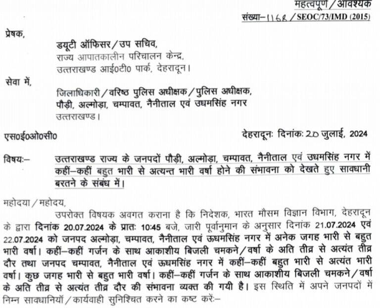 Weather alert: उत्तराखण्ड के 5  जिलों में अगले दो दिन भारी से बहुत भारी वर्षा की आशंका, अलर्ट मोड पर रहने की चेतावनी 